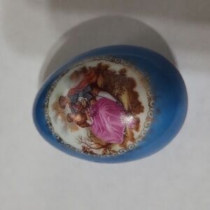 Limoges porcelain vintage trinket box, egg shaped, blue and gold